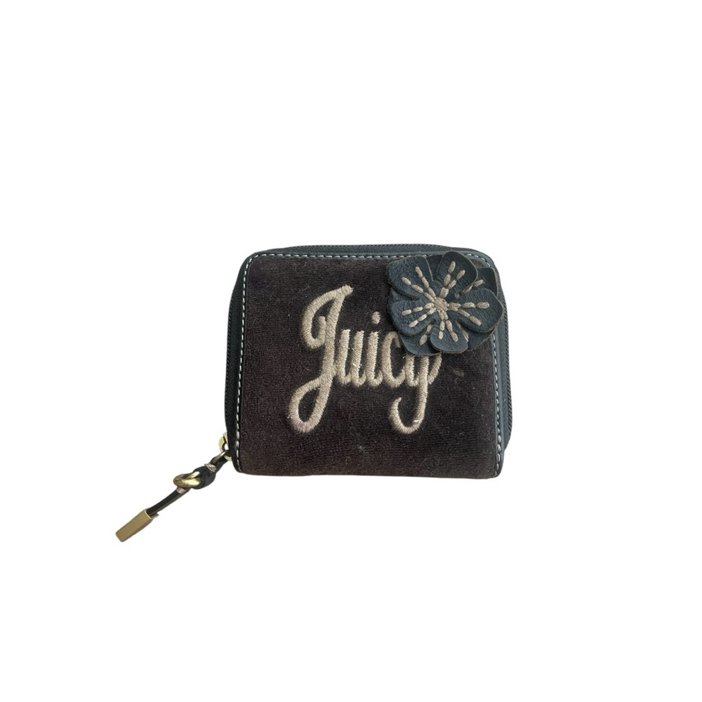 Juicy Couture Brown Velvet Wallet – Floral Detail, Zip Coin Purse, Y2K Style